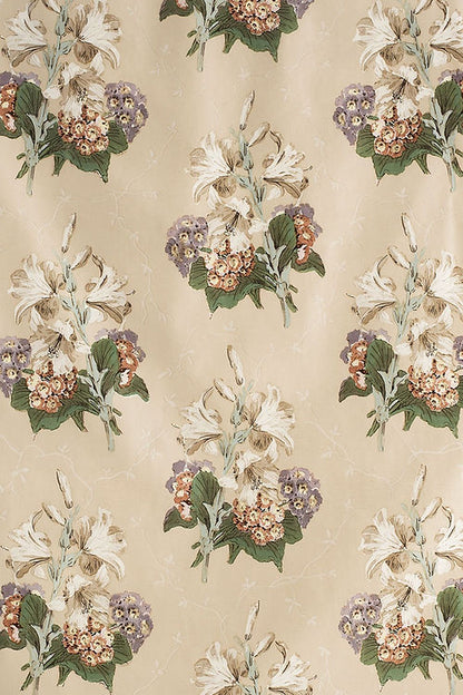 Lily & Auricula Handblock Fabric – 100% Cotton Chintz, Lavender / Purple, Beige, Green, Coral / Peach
