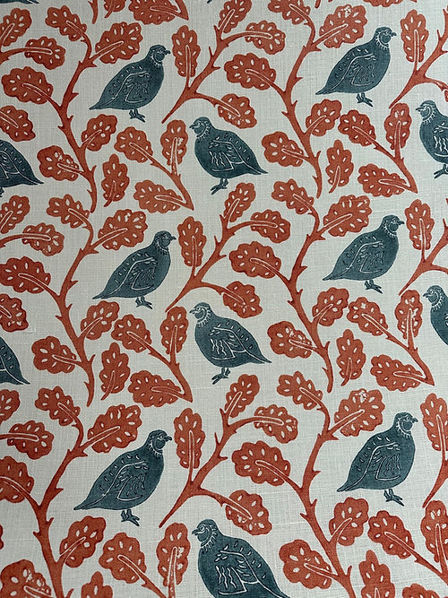 Penny Partridge Linen Fabric – Bird & Foliage Motif, Aqua / Teal, Orange / Spice