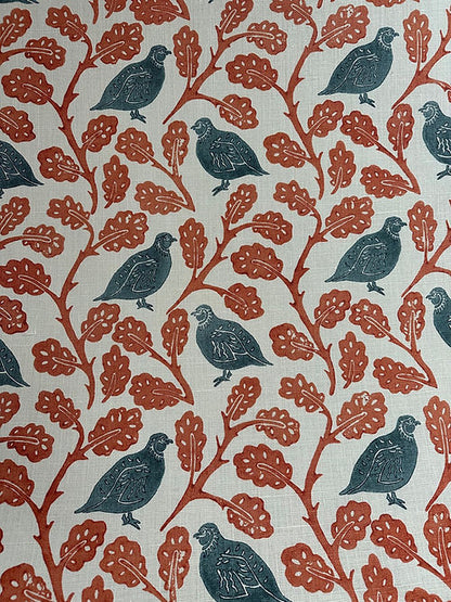 Penny Partridge Linen Fabric – Bird & Foliage Motif, Aqua / Teal, Orange / Spice