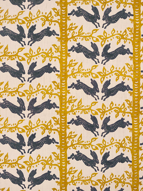 The Hare Linen Fabric – Classic Hare & Woodland Motif, Blue, Gold