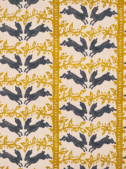 The Hare Linen Fabric – Classic Hare & Woodland Motif, Blue, Gold