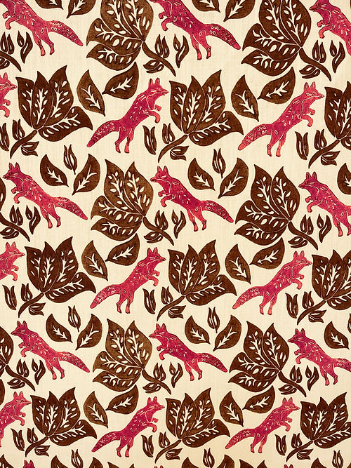 Foxy Linen Fabric – Woodland Fox Motif, Brown, Red