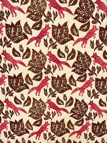 Foxy Linen Fabric – Woodland Fox Motif, Brown, Red