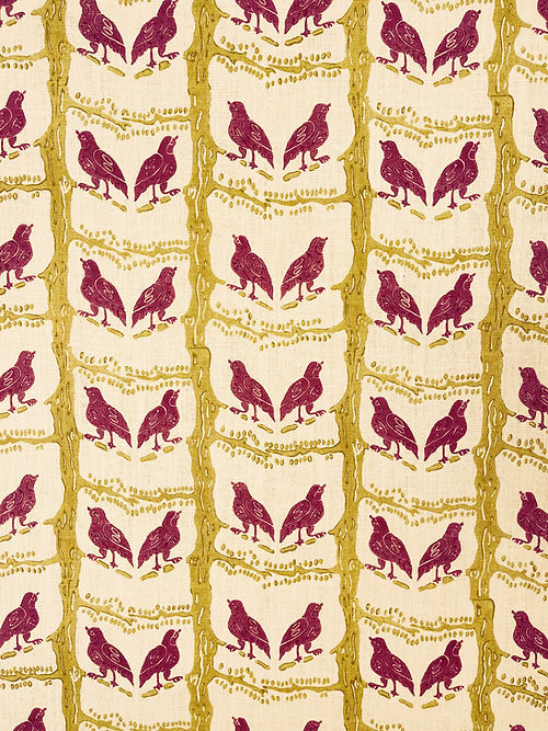 Bird Chatter Linen Fabric, Green, Burgundy