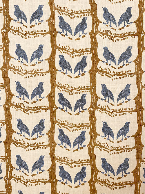 Bird Chatter Linen Fabric, Blue, Brown