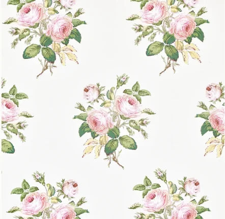 Pattern of pink roses with green leaves on a white background
Loudon Rose–Cotton Rose Fabric - blush