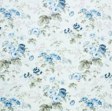 Floral pattern with blue flowers and green leaves on a light background
Salisbury Chintz –  Floral Cotton Fabric - celadon
