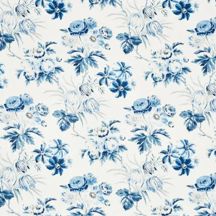 Blue floral pattern on a white background
Cecil Chintz Fabric – Floral Cotton - delft