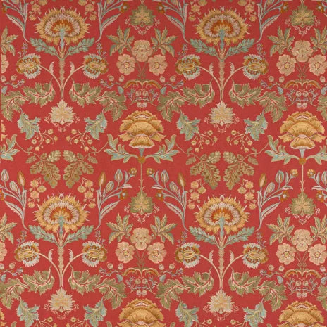 Floral patterned fabric with gold and green flowers on a red background
Dianthus Embroidered Fabric