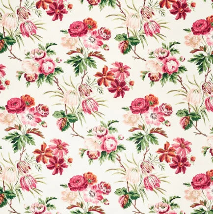 Floral pattern with pink and red flowers on a white background
Cecil Chintz Fabric – Floral Cotton - rose