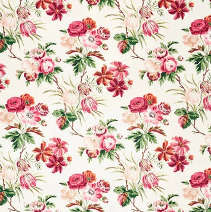 Floral pattern with pink and red flowers on a white background
Cecil Chintz Fabric – Floral Cotton - rose