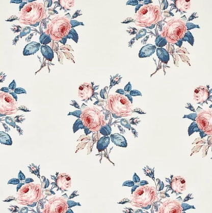 Floral pattern with pink and blue flowers on a white background
Loudon Rose–Cotton Fabric -rose and blue