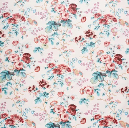 Floral-patterned fabric with pink, red, and blue flowers on a white background
Floral Cotton Fabric
Salisbury Chintz –  Floral Cotton Fabric - rose