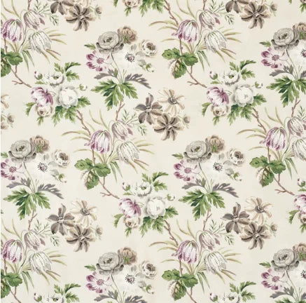 Floral pattern with green leaves and purple flowers on a light background
Cecil Chintz Fabric – Floral Cotton - wisteria