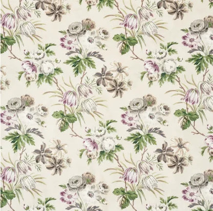 Floral pattern with green leaves and purple flowers on a light background
Cecil Chintz Fabric – Floral Cotton - wisteria